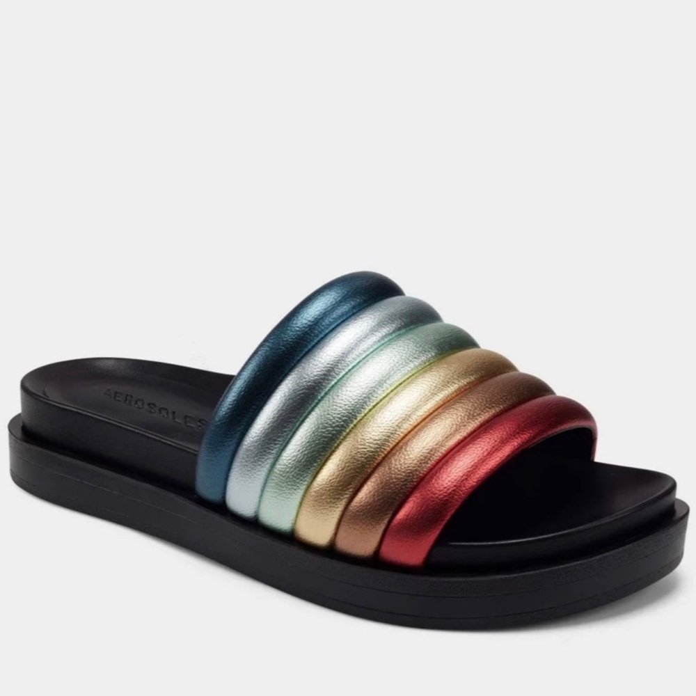 colorful metallic rainbow sandal w/puffy quilted strap 

Worn once